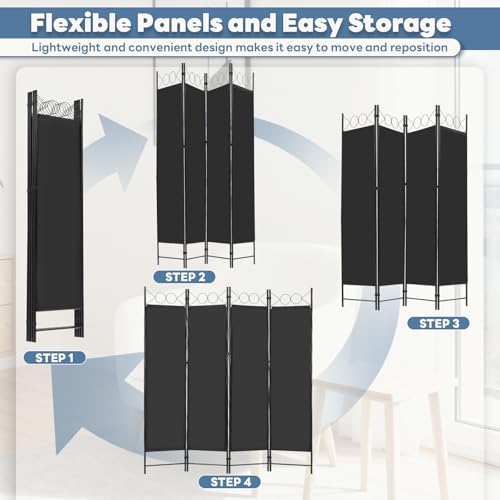 DUMOS 4 Panel Partition Room Divider, 6 Ft Tall Folding Privacy Screen, Freestanding Partition with Steel Frame, Easy Move & Storage, for Home, Office, Bedroom, Black DUMOS