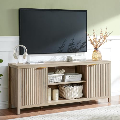 OAKHAM HOME Fluted TV Stands for Living Room, Heavy Duty Entertainment Center with Storage, Mid Century Modern Television Stands for 50/55/60/65 TV, Oxford Media TV Console (Sunwashed Ash Oak - WoodArtSupply