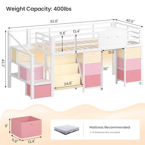 VIAGDO Low Loft Bed Twin Size with 9 Storage Drawers, Bookcase and LED Lights, Metal Kids Loft Bed with Wide Staircase, Open Shelves and Safety Guardrail, Twin Loft Bed with Under-Bed Playhouse, White VIAGDO