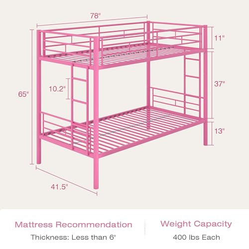 VECELO Bunk Bed Twin Over Twin, Metal Bunkbeds with Ladder and Full-Length Guardrail, No Box Spring Needed, Space Saving, Noise Free, Light Pink VECELO