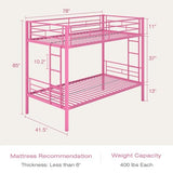 VECELO Bunk Bed Twin Over Twin, Metal Bunkbeds with Ladder and Full-Length Guardrail, No Box Spring Needed, Space Saving, Noise Free, Light Pink VECELO