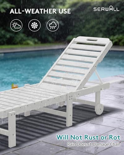 SERWALL Outdoor Chaise Lounge Set of 2, All-Weather HDPE Pool Lounge Chairs with 5-Position Adjustable Backrest, Rolling Wheels & Cup Holder for Poolside, White