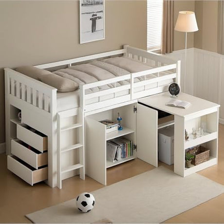 PVWIIK Twin Size Low Loft Bed with Storage Drawer & Desk for Kids,Wood Loft Bed w/Shelf,Space Saving,No Box Spring Needed,White PVWIIK
