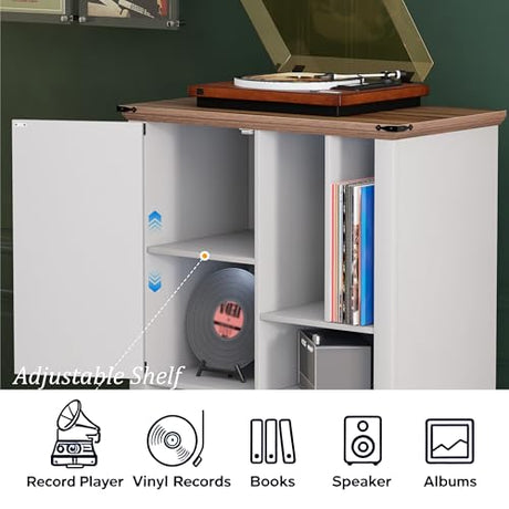 Maupvit Record Player Stand with Vinyl Storage Cabinet, 47" Wood Turntable Table Open and Closed Shelf Holder, 400+ Albums Cube Storage Organizer for Living Room, Office,White Maupvit