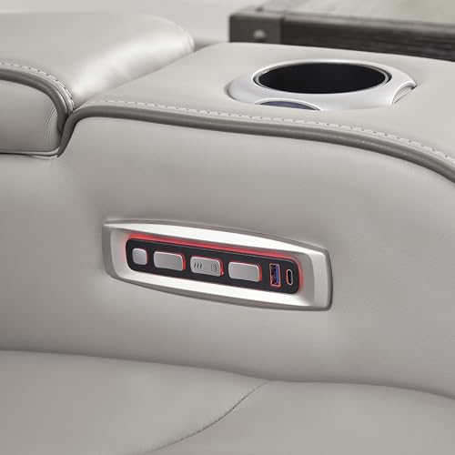 Signature Design by Ashley Boyington Contemporary Leather Match Power Reclining Sofa with USB Charging Ports, LED Lights and Adjustable Headrest, Light Gray Signature Design by Ashley