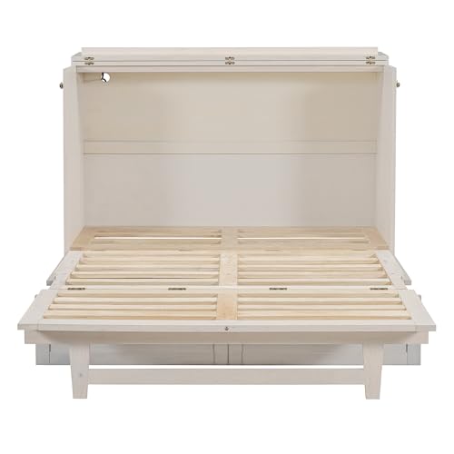 YOPTO Full Size Murphy Bed Chest,Folding Storage Wall Bed with Large Drawers,USB Ports & 2 Three-Prong Outlets,Hidden Cabinet Platform Bed W/Wood Slats Support,for Bedroom,Guest Room,Brushed White YOPTO