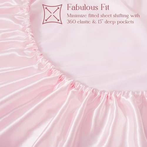 Homiest 2-Pieces Ruffle Pillow Case & Satin Fitted Sheet Set, Blush Pink Twin Satin Sheets with Ruffled Pillow Shams, 15 Inch Deep Pocket, Cute & Coquette Silk-Like Bed Set for Decorating Bedroom Homiest
