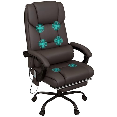 Vinsetto High Back Massage Office Chair with 6 Vibration Points, PU Leather Reclining Computer Chair, Ergonomic Desk Chair with Footrest Adjustable Height and Remote, Brown Vinsetto