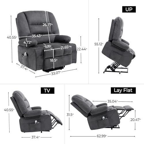 KCQ Overstuffed Electric Recliner Chairs for Adults with Cup Holder and USB Port, Fabric Power Lift Recliner Chair with Heat and Massage for Elderly Seniors, Grey
