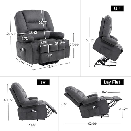 KCQ Overstuffed Electric Recliner Chairs for Adults with Cup Holder and USB Port, Fabric Power Lift Recliner Chair with Heat and Massage for Elderly Seniors, Grey KCQ