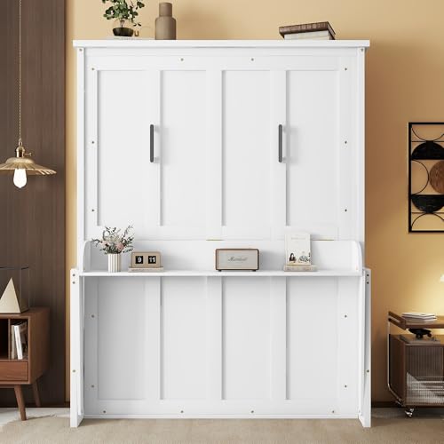 MoproBeti Wood Murphy Bed Queen Size, Space-Saving Hidden Foldable Wall Bed with Storage Shelf and Gas Struts for Bedroom,Guest Room,Home Office, Gym,No Box Spring Needed, White MoproBeti