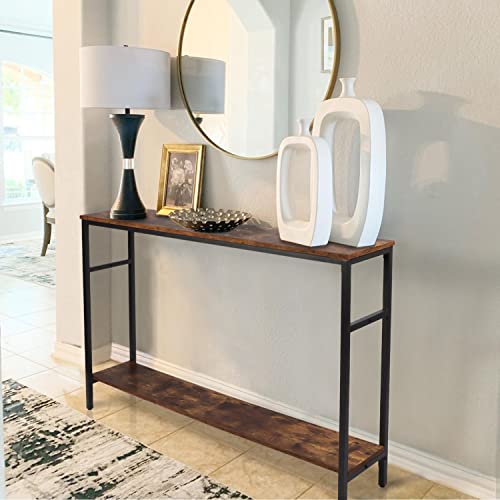 Timberer Rustic Brown Narrow Console Table with Adjustable Shelf - 47 Inch Multifunctional 2-Tier Hallway & Living Room Table