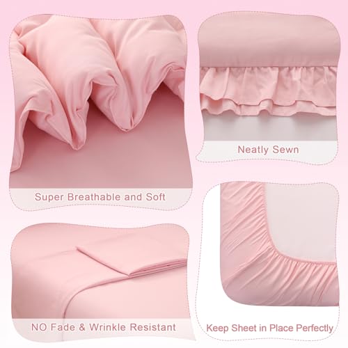 Wowelife Pink Toddler Bedding Set for Girls Toddler Bedding 4 Pieces Boho Tufted Comforter with Ruffles Design Toddler Girl Bed Set with Comforter, Fitted Sheet, Flat Sheet and Pillowcase Wowelife