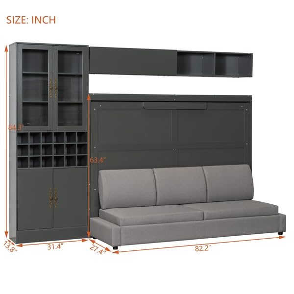 Polibi Full Size Murphy Bed with Sofa Function - Space-Saving Wall Bed, Shelves USB and Light, for Small Apartments/Studios, Gray Polibi