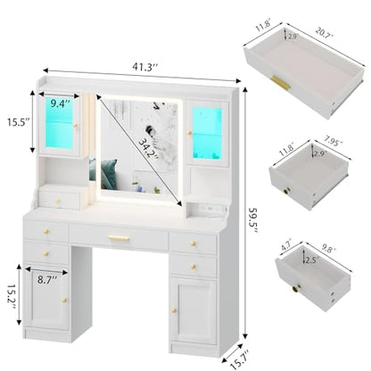 White Vanity Desk with Mirror, Lights and Charging Station - Large Makeup Table Set with RGB Cabinets and 3 LED Light Modes - WoodArtSupply