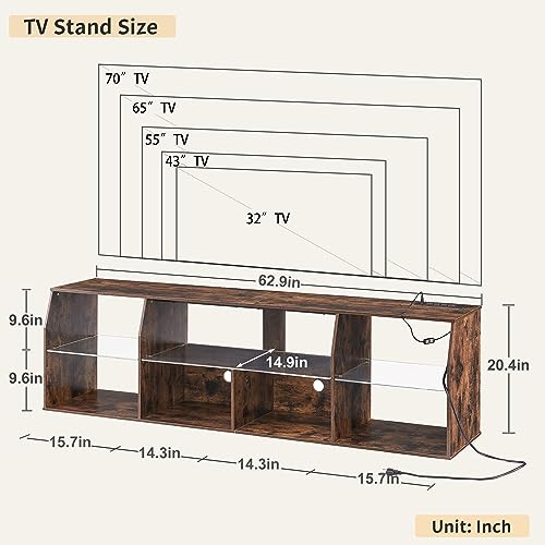 VECELO LED TV Stand with Lights & Power Outlet for 65 inch Gaming Entertainment Center with 7 Open Storage Shelves, Industrial Television Cabinet for Living Room, Bedroom, Retro Brown, 65inch VECELO