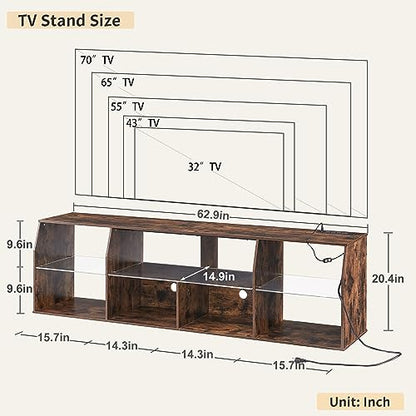 VECELO LED TV Stand with Lights & Power Outlet for 65 inch Gaming Entertainment Center with 7 Open Storage Shelves, Industrial Television Cabinet for Living Room, Bedroom, Retro Brown, 65inch - WoodArtSupply