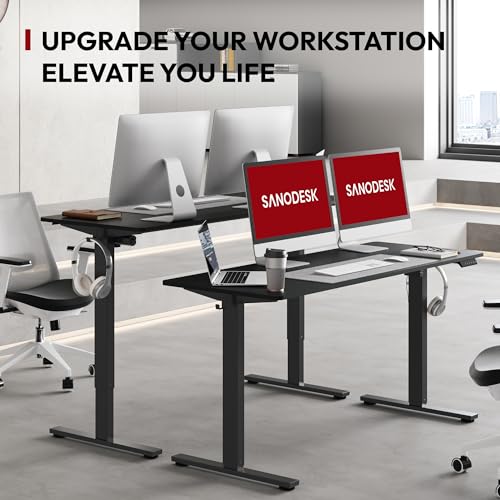 SANODESK Electric Standing Desk 55 x 28 Inches Whole-Piece Desktop Height Adjustable Stand Up Desk w/6-Button Controller Ergonomic Computer Desk for Home Office, Black Frame + Black Tabletop SANODESK