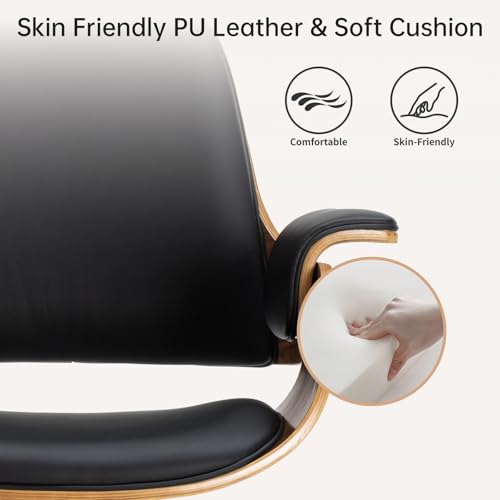 Mid Century Modern Home Office Chair,Ergonomic U-Shape Mid Back Executive Chair,Adjustable Height Swivel Computer Chair with Walnut Finish & PU Leather,Accent Chairs for Study Bedroom Workspace(Black) Soxiar