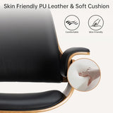 Mid Century Modern Home Office Chair,Ergonomic U-Shape Mid Back Executive Chair,Adjustable Height Swivel Computer Chair with Walnut Finish & PU Leather,Accent Chairs for Study Bedroom Workspace(Black) Soxiar
