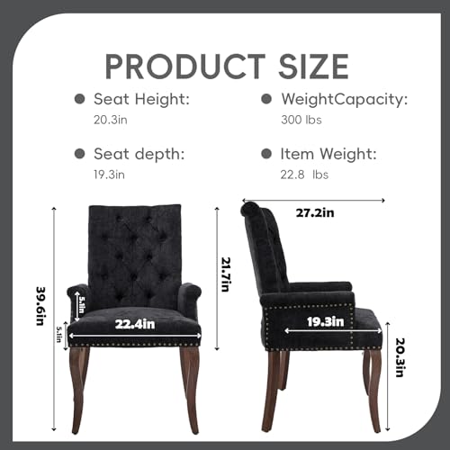KIUMU Upholstered Tufted Chenille Dining Chairs with Arms & Nailhead Trim – Solid Wood Frame & Legs, Modern Farmhouse for Dining, Kitchen & Living Room (Set of 1, Black) KIUMU