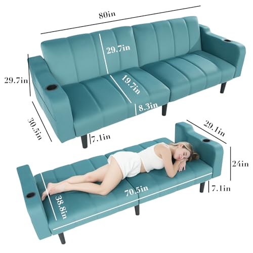Chfeloai 80" Velvet Futon Sofa Bed, Convertible Sleeper Loveseat with Cup Holders & Storage Pockets, Mid Century Modern Couch for Living Room, Bedroom, Office, Small Space (Teal Blue) Chfeloai