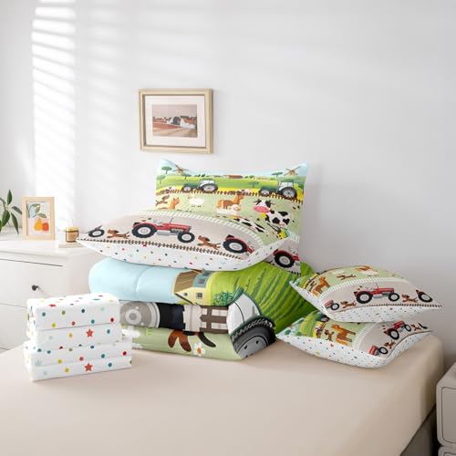Tractor 7 Piece Bedding Sets Boys Queen, Toddler Kids Cute Cartoon Farm Animals Comforter Set & Sheets Set Farmhouse Bed Set with Comforter, Sheet Set, Pillowcases & Pillow Covers - Soft Breathable Feelyou