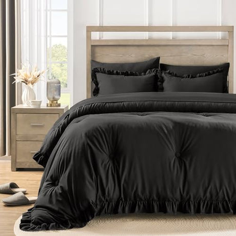 QUIETSEA King Size Bed in a Bag 7 Pieces King Size Comforter Set, Ruffle Shabby Chic Bedding Comforter Set Black Bed Set with Comforter, Pillowcases, Flat Sheet, Fitted Sheet and Pillow Shams QUIETSEA