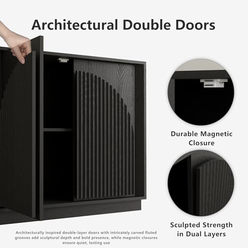 WIN2WIN 65" Fluted Sideboard Buffet Cabinet with Storage, Modern Credenza with Double-Layered Arch Doors, Wood TV Media Console Table Accent Cabinet for Living Room Dining Room Hallway Entryway, Black win2win