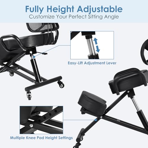 Ergonomic Kneeling Chair with Backrest & Lumbar Support, Adjustable Height Desk Chair with Wheels & Thick Cushion, Ideal for Office & Work from Home, Support Upright Sitting & Relieve Back Pain Generic