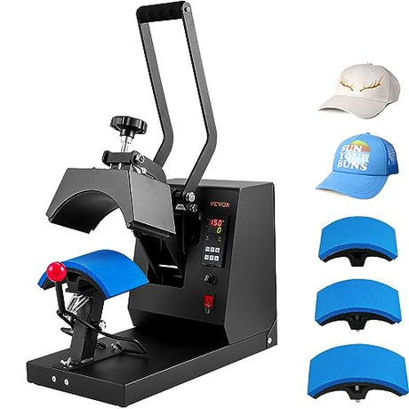 VEVOR Hat Heat Press with 4pcs Interchangeable Platens(6"x3"/6.7"x2.7"/6.7"x3.8"/8.1"x3.5"), Cap Heat Press for Stuctured Hats, Rigid Steel Frame No Stick Digital LCD Timer and Temperature Control VEVOR