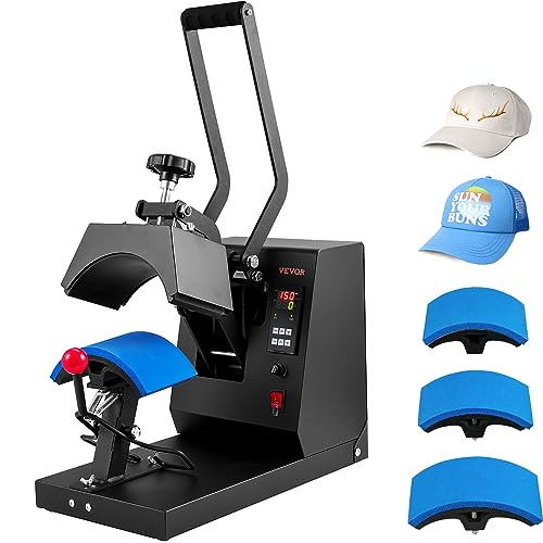 VEVOR Hat Heat Press with 4pcs Interchangeable Platens(6"x3"/6.7"x2.7"/6.7"x3.8"/8.1"x3.5"), Cap Heat Press for Stuctured Hats, Rigid Steel Frame No Stick Digital LCD Timer and Temperature Control