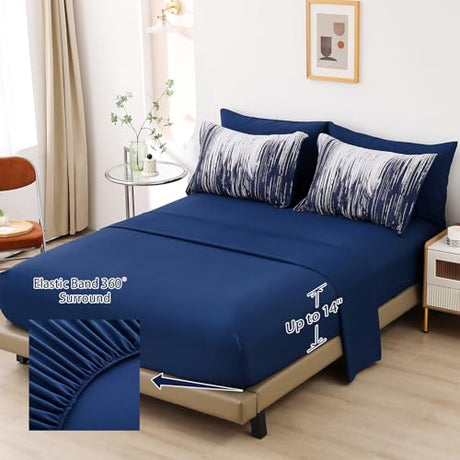 Dinjoy Ombre Blue Comforter Set King Size Gradient Navy Blue White Boho Bedding Set for Teen Men Women 7 Pieces Bed in A Bag Bohemian Bed Set with Comforter, Sheets, Pillowcases & Shams Dinjoy