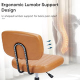 DUMOS Armless Home Office Desk Chair -Small Ergonomic with Low Back Lumbar Support, Height Adjustable PU Leather Computer Task with 360° Swivel Rolling Wheels, for Small Space, Brown DUMOS