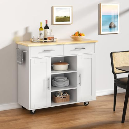 Shintenchi Kitchen Storage Island Cart with 3 Open Shelves, 2 Drawers and 2 Cabinets, Kitchen Cart on Wheels with Handle/Towel Rack, White