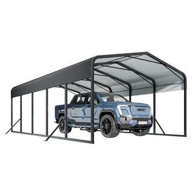 Unovivy 15x25 FT Metal Carport, Large Outdoor Heavy Duty Carport with Galvanized Steel Roof and 4 Support Feet, Spacious Vehicle Shelter for Cars, Boats, RVs, and Outdoor Equipment