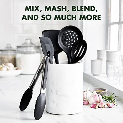 GreenPan 5 Piece Cooking Utensil Set, Flexible Nonstick Silicone, Stain-Free, Tongs, Turner, Spatula, Skimmer, and Slotted Spoon, Black