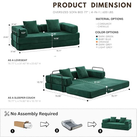 Alpen 77" Futon Sofa, Floor Foldable Sofa Couch Bed Queen with L-Shaped Armrests, Futon Bed with Mattress Included, Fold Out Comfy Lounge for Living Room Bedroom, Dark Green Alpen