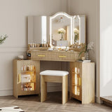 ZKIODV Corner Vanity Desk with 3 Way Mirror & LED Lights, Makeup Table Set with Charging Station, Storage Drawers & Cabinets, Modern Dressing Table with Stool for Bedroom, Women & Girls Gift (Oak) ZKIODV