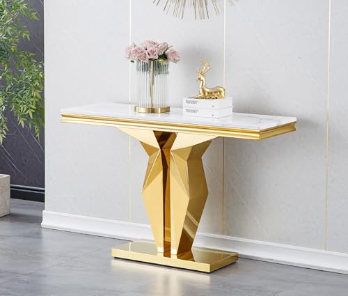 Faux Marble Console Table, 47" Entryway Tables Narrow Entry Table with 0.71" Thick Marble Tabletop and Gold Stainless Steel Base, Luxury Modern Cocktail Center Table for Office Living Room Kootlena