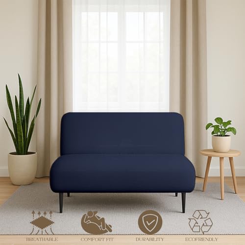 Full Size Armless Futon Covers - 100% Cotton Futon Slipcovers - Zippered Couch Cover Sofa Bed Protector, Sleeper Sofa Cover, Machine Washable, Navy Blue Yarns of Cotton