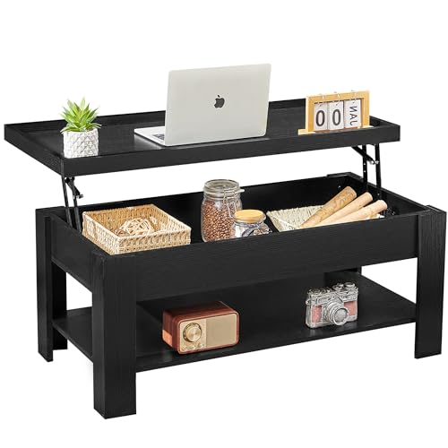 VECELO Lift Top Coffee Table with Storage Shelf and Hidden Compartment for Living Room/Office Reception, Dark Black - WoodArtSupply