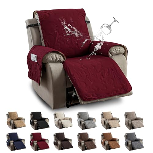100% Waterproof Recliner Chair Cover, Recliner Chair Covers for Reclining Chair, Non-Slip Fabric Recliner Couch Cover for Living Room, for Pets Kids Protector, Washable (Wine Red, 23.6"Recliner Chair)