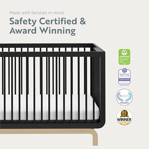 Storkcraft Santorini Deluxe 5-in-1 Convertible Crib with Bonus Toddler Guardrail (Black with Driftwood) – GREENGUARD Gold Certified, Toddler Guardrail Included in Box, Fits Standard Crib Matt - WoodArtSupply