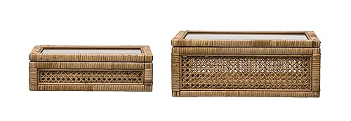 Creative Co-Op Modern Decorative Rectangle Woven Rattan and Wood Display Boxes with Glass Top, Set of 2 Sizes, Natural Finish - WoodArtSupply