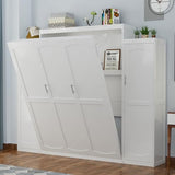 Merax Full Size Wood Murphy Bed, with 2 Wardrobe and Storage Shelf, Multifunctional Foldable Wall Platform Bedframe for Guest-Room, Bedroom, White Merax