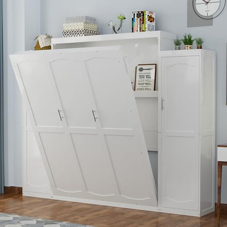Merax Full Size Wood Murphy Bed, with 2 Wardrobe and Storage Shelf, Multifunctional Foldable Wall Platform Bedframe for Guest-Room, Bedroom, White Merax