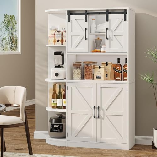 Vabches Farmhouse Pantry Cabinet, Kitchen Pantry Storage Cabinet with Sliding Door, Rustic Buffet Sideboard with Microwave Stand, Freestanding Cupboard with Shelves for Dining Room, White Vabches