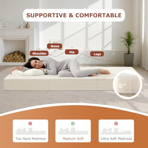 6-Inch Tri-Fold Foldable Mattress, Folding Sofa Bed with Removable Washable Cover, Portable Futon Mattress Full Size Floor Guest Mat with Non-Slip Bottom & Carry Handles for Camping (Beige, Queen) AOLVDOW