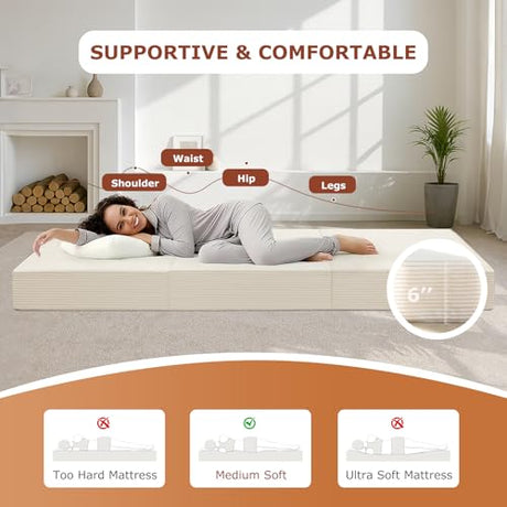 6-Inch Tri-Fold Foldable Mattress, Folding Sofa Bed with Removable Washable Cover, Portable Futon Mattress Full Size Floor Guest Mat with Non-Slip Bottom & Carry Handles for Camping (Beige, Queen) AOLVDOW